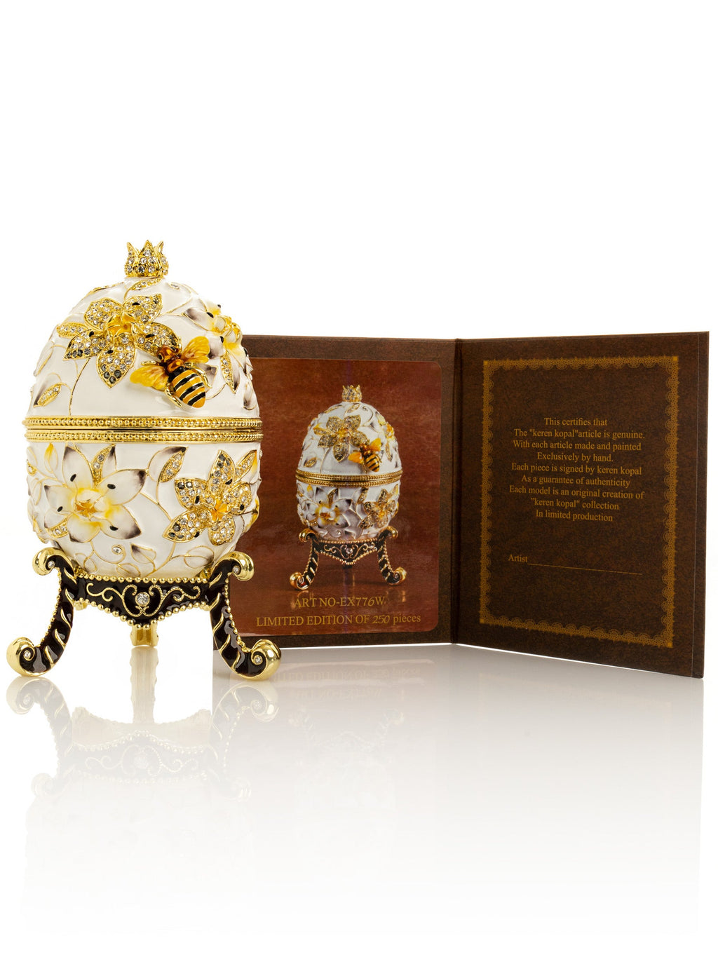 White Faberge Egg with Bees and Flowers