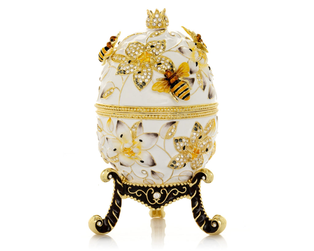 White Faberge Egg with Bees and Flowers