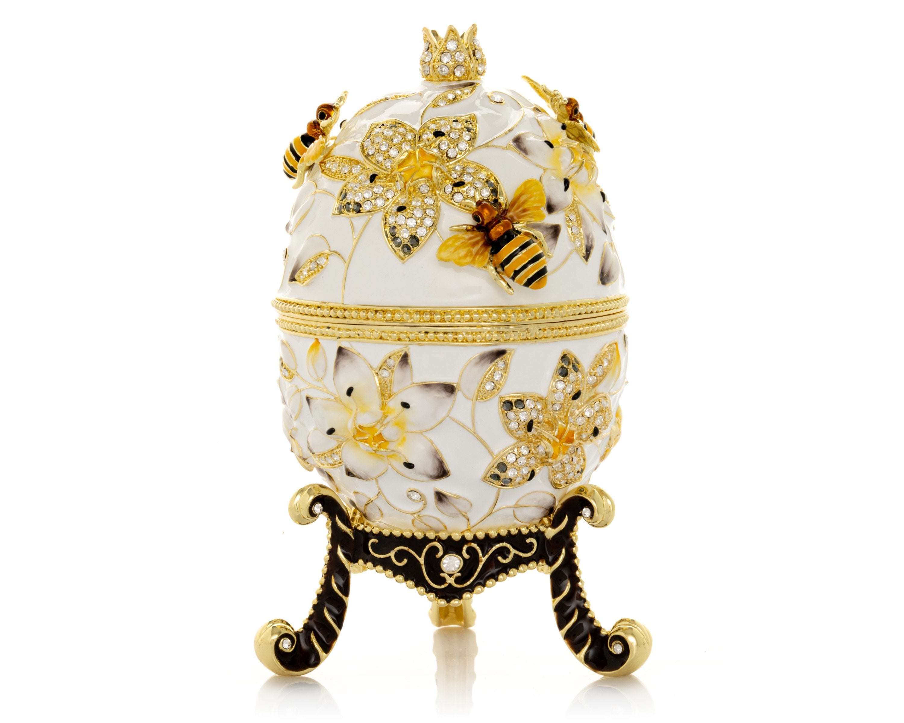 White Faberge Egg with Bees and Flowers